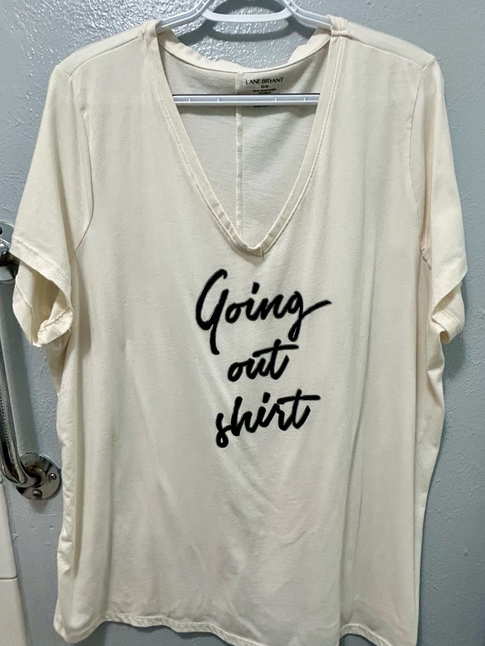 Lane Bryant Cream V-Neck Tee with Black Script